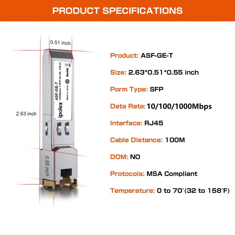 ipolex 10/100/1000BASE-T Copper SFP to RJ45 Transceiver, Auto-Negotiation Gigabit Mini-GBIC RJ45 SFP Module, Compatible with Cisco GLC-T(10/100/1000), SFP-GE-T(10/100/1000Mbps), up to 100M Over Cat5e - Image 5